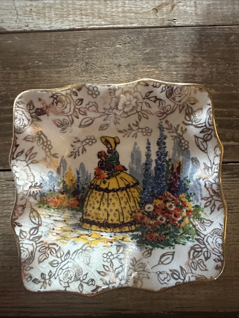Vintage Floral Lady Porcelain Trinket Dish or butter pat,with Gold Trim
